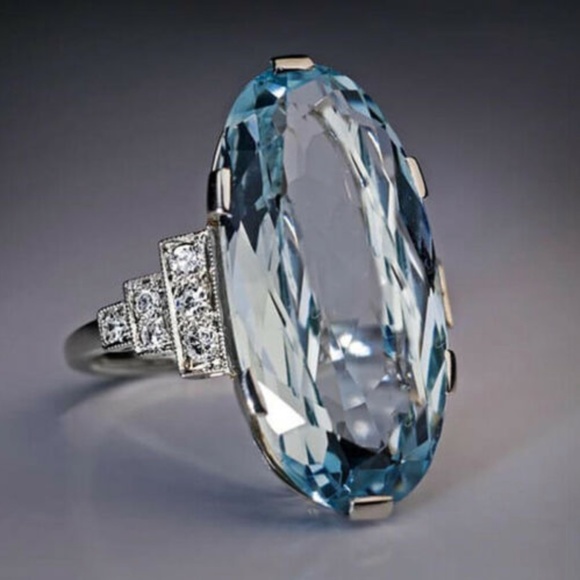 New 925 Silver  Oval Cut Big Aquamarine Ring, cute Ring, shiny Ring. - Picture 2 of 6